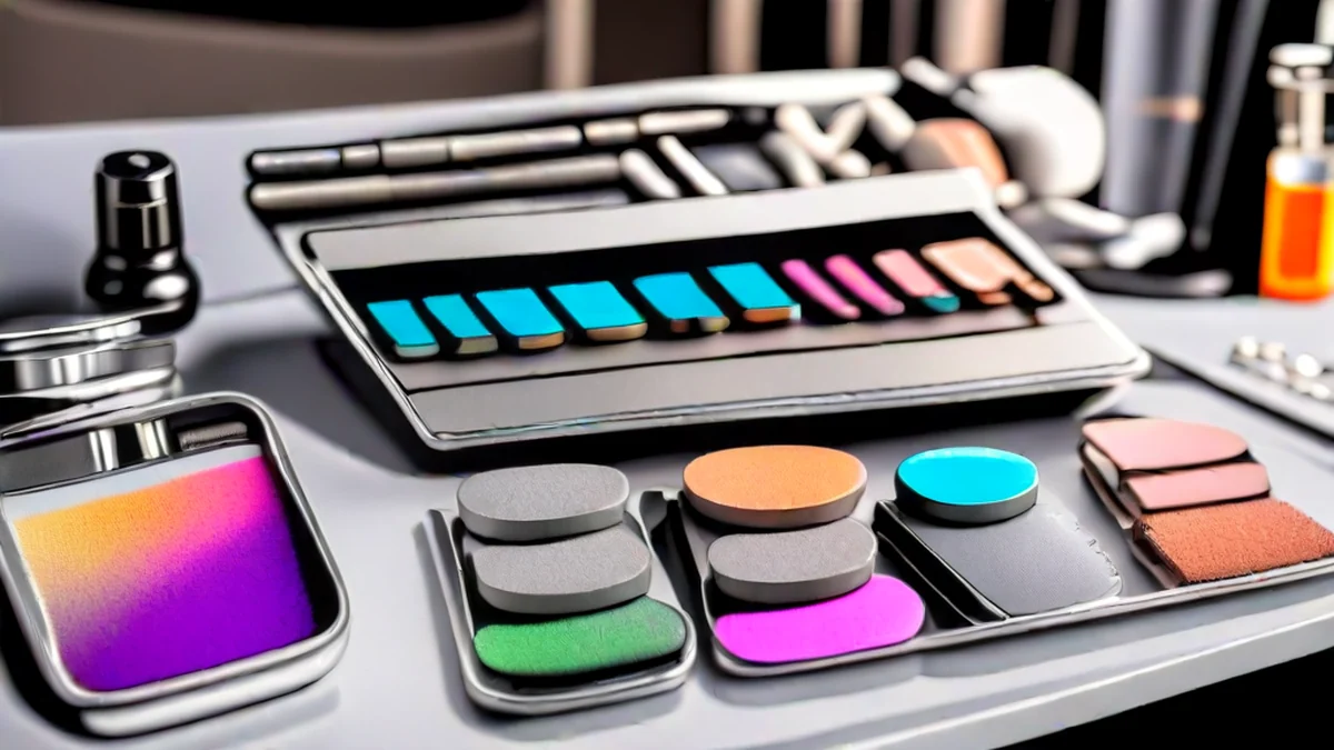 Open silver professional makeup kit with colorful eyeshadow palettes, foundation bottles, and fine hair brushes on a vanity table.