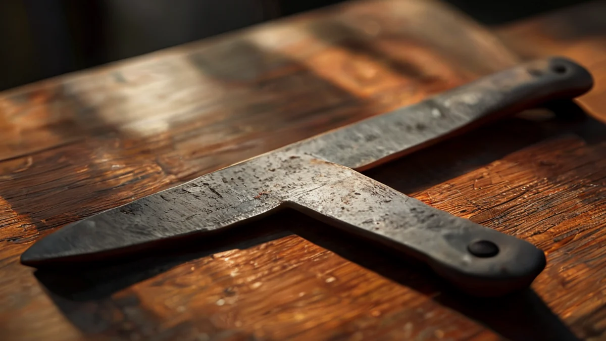A steel Levantine knife, slender blade, rusted edge, on wooden table under warm light, shallow focus, photorealistic detail
