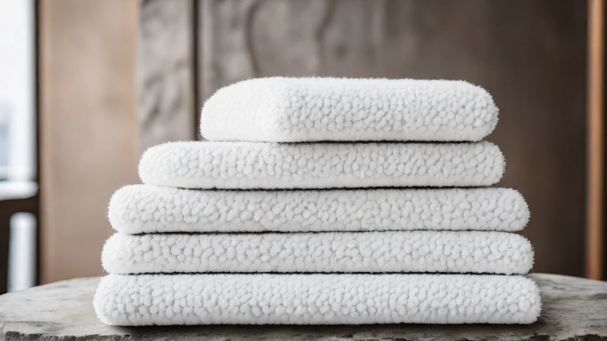 Een stapel van witte hotel-achtige handdoekjes op een linnen-keukenkast