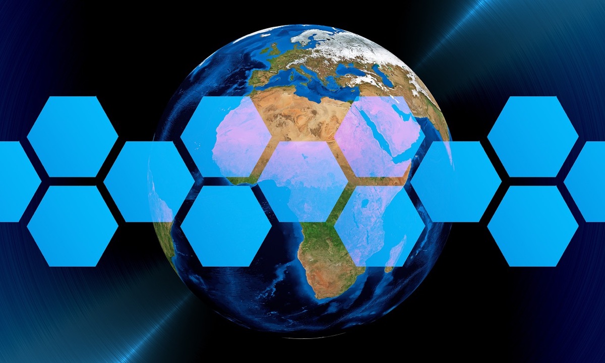 A digital blue map of the world showing interconnected network lines.